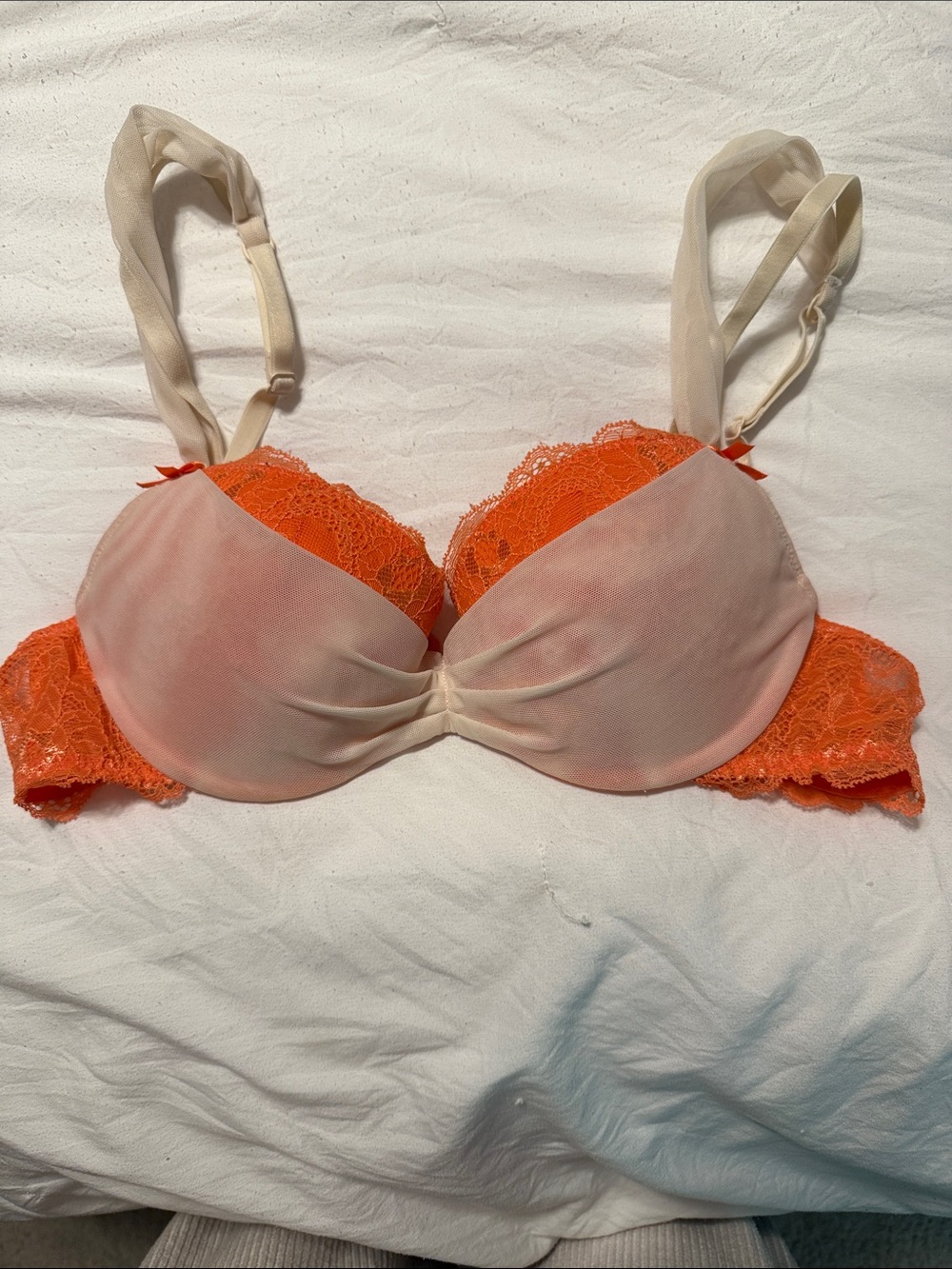 Adore Me Orange Lace & Cream Mesh Push-Up Bra